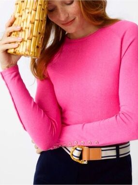 J. McLaughlin Jamey Crew Neck Button Trim Sweater Bright Pink Small